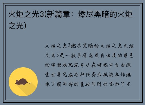 火炬之光3(新篇章：燃尽黑暗的火炬之光)