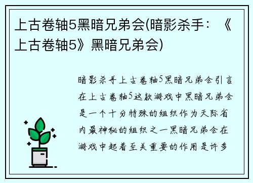 上古卷轴5黑暗兄弟会(暗影杀手：《上古卷轴5》黑暗兄弟会)